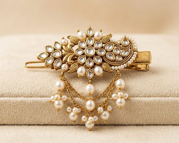 Kundan & Pearl Hair Clip / Orna Brooch
