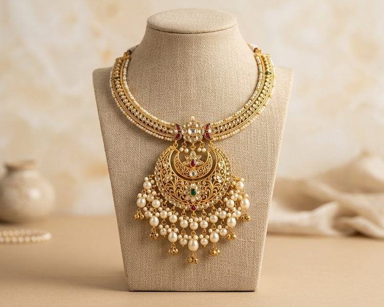 Layered Chandbali Pearl Collar Necklace