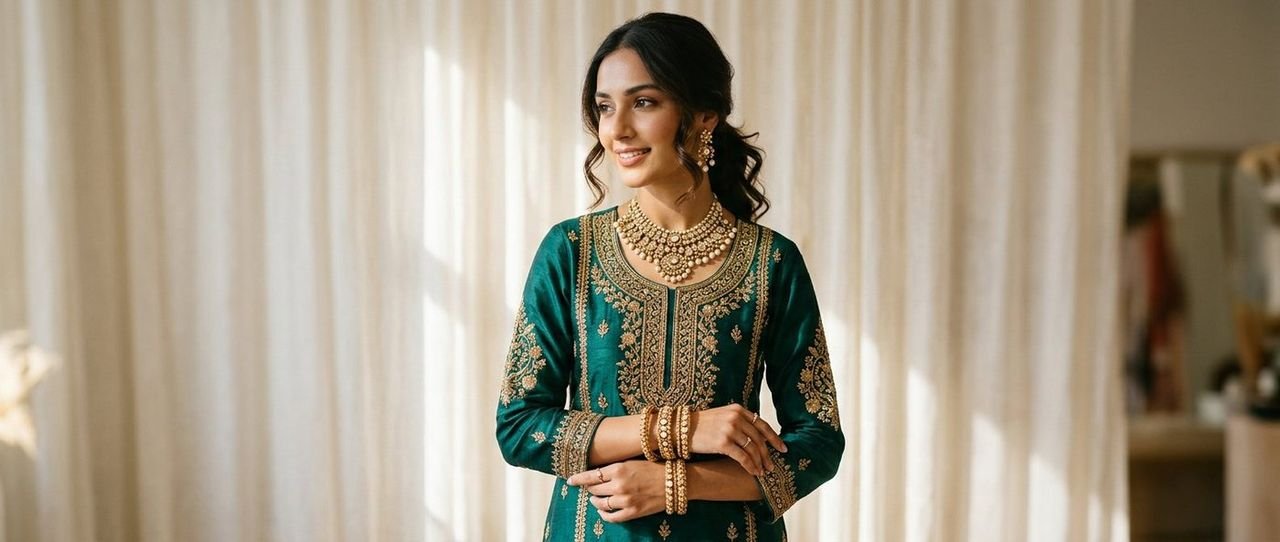 Style by Alifa festive emerald-teal kameez and antique gold pearl necklace