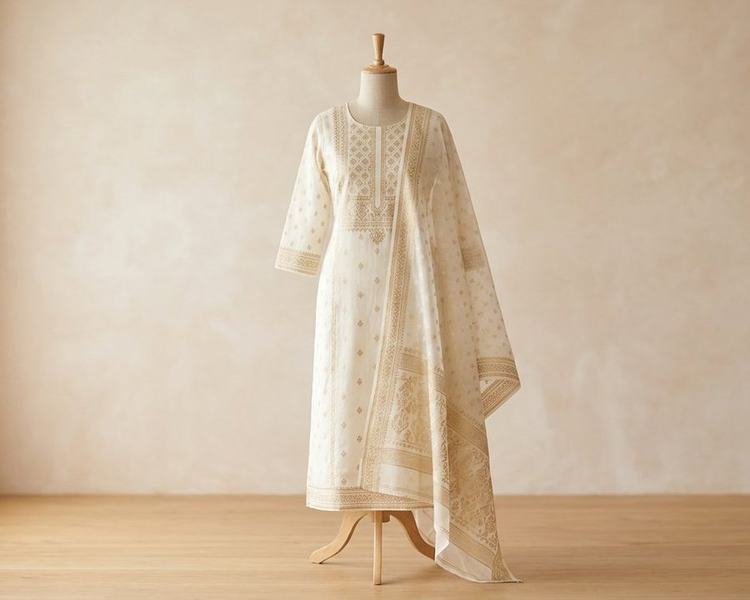 Ivory Jamdani-Weave Stitched Kameez & Orna