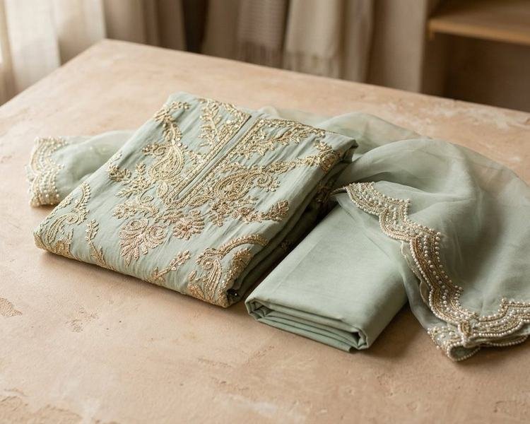 Sage Zari Muslin & Organza Unstitched 3-Piece